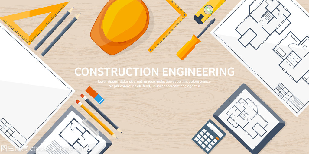 矢量图。工程和建筑。绘图、 施工。建筑项目。设计素描。工作区的工具。规划、 建设。木制的背景